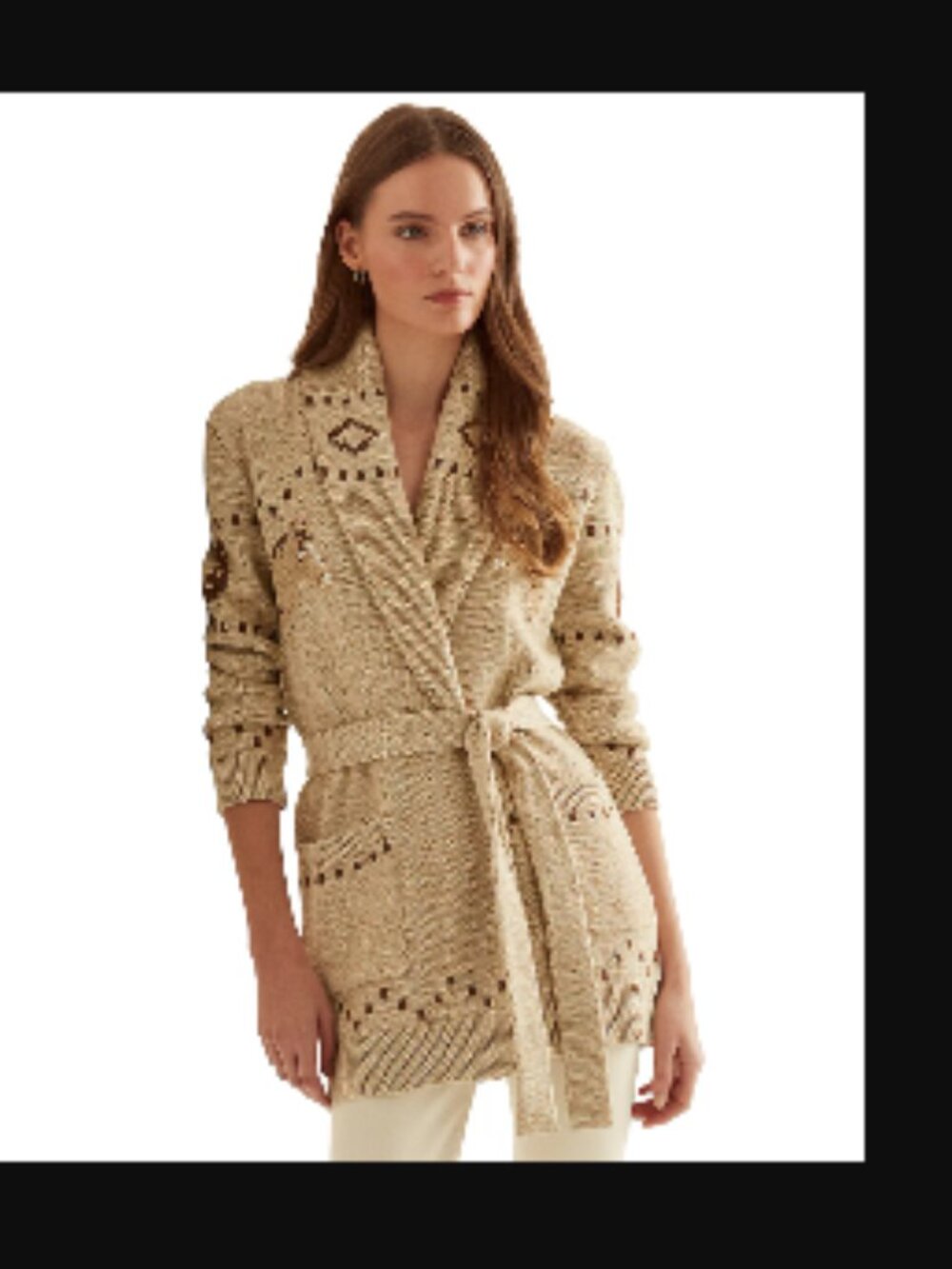 NWT LRL Cotton/Linen Shawl Collar belted Coastal Equestrian Cardigan Beige Tan M